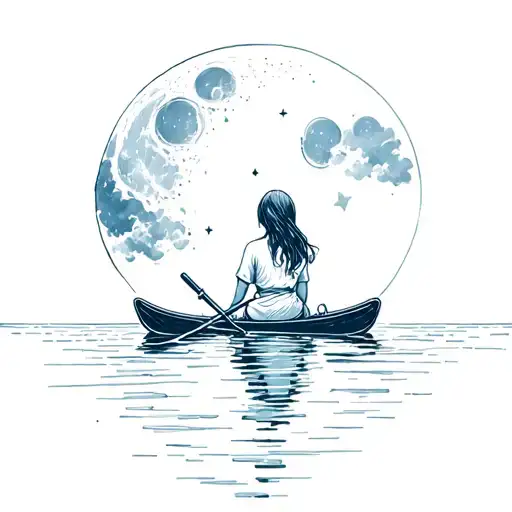 Girl On Rowing Moon In Water Watching Sky