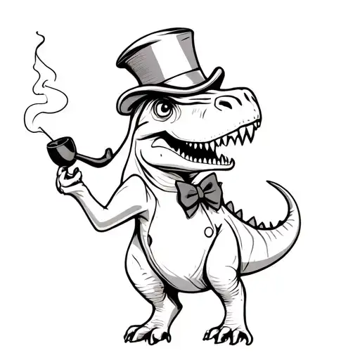 Cartoon Cheerful T Rex With Thick Black Eyebrows Wearing A Top Hat And Bow Tie Smoking A Pipe