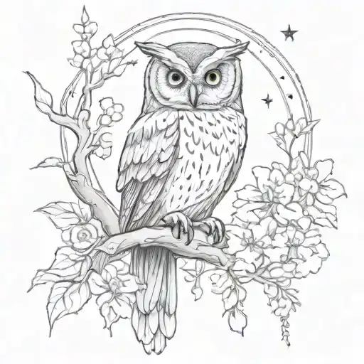 Owl Perched On A Branch In Forest With Moon And Flowers