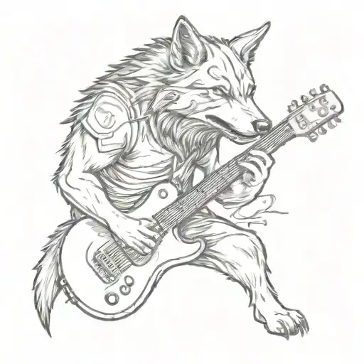 A Sketch Tattoo Of A Wolf Wearing A Metallica T-shirt Playing A Guitar