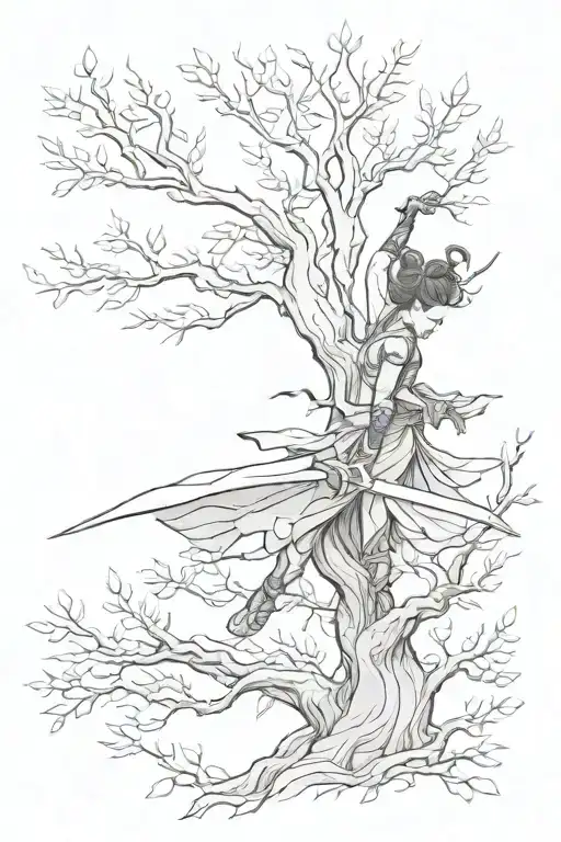 Female Warrior Growing Tree Branches Stretching Towards The Sky