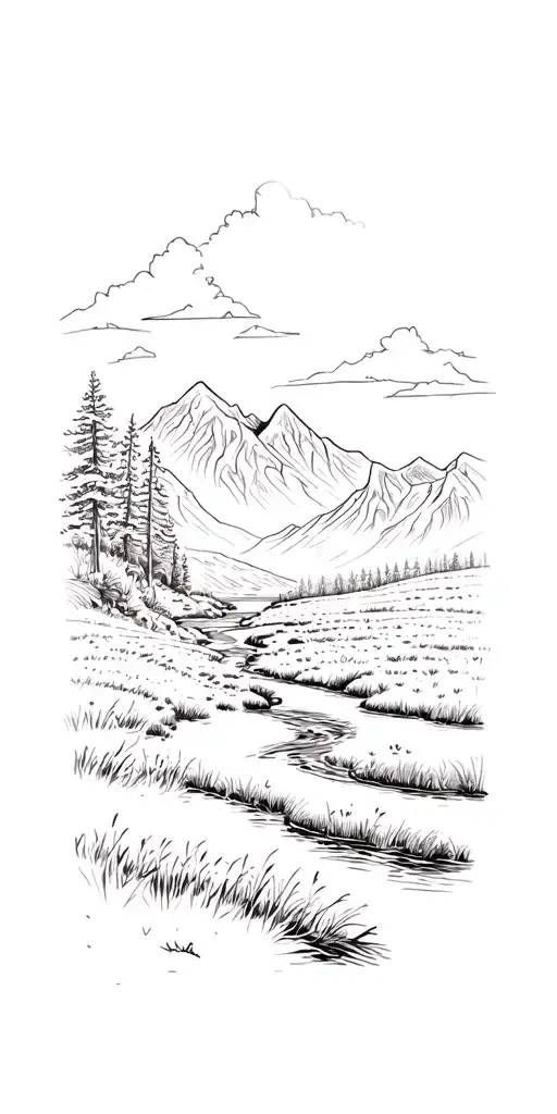 Sketch River Flowing Through A Meadow Mountain Scape In Background