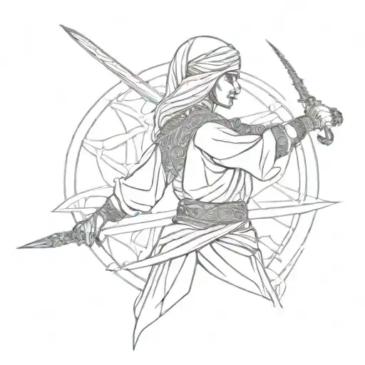 Arabic Woman With A Sword And With Arabic Hieroglyphics On The Back