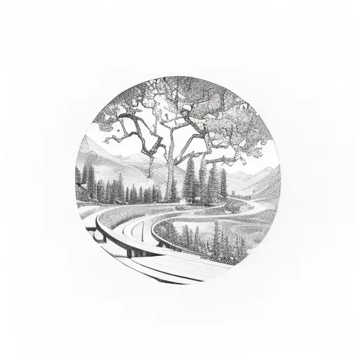 A Serene Landscape Of A Valley With A Winding Road Leading Towards A Meaningful Symbol