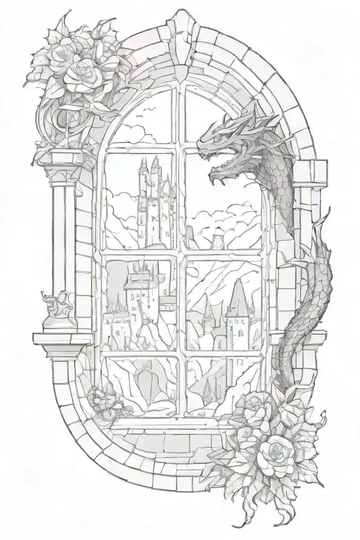 Castle Window With Fantasy Landscape And And Dragon