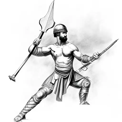 Muscly Shirtless Roman Soldier Holding Spear In Battle