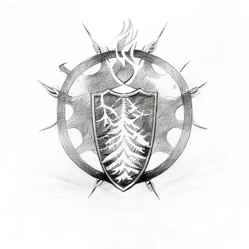 Shield With Flame And Tree