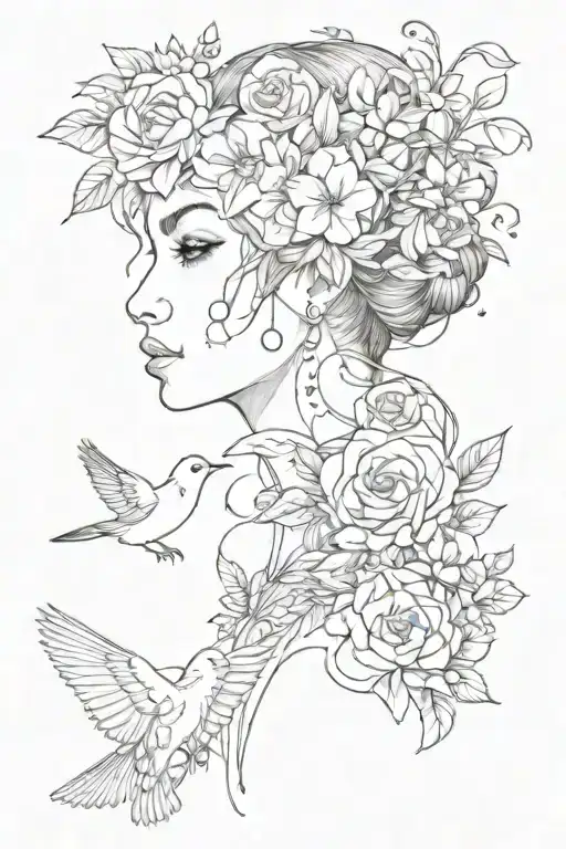 Flowers And Bird And Woman Face