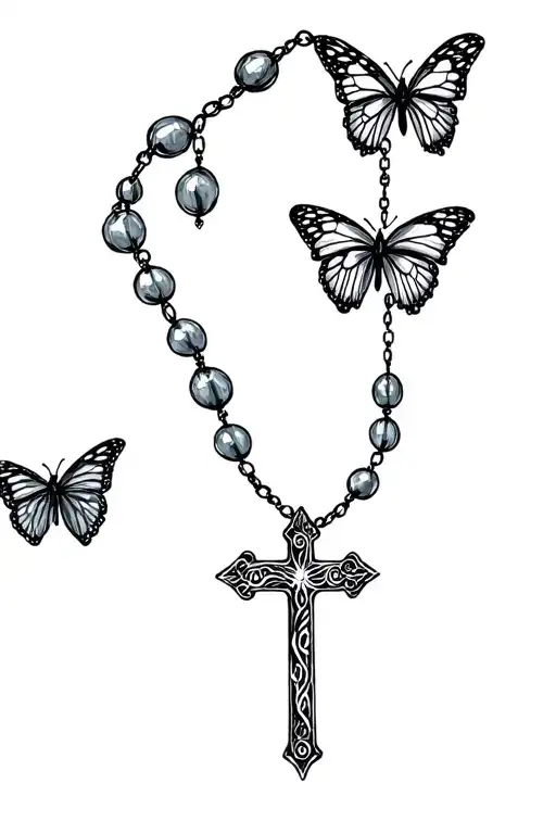 A Tattoo Design Resembling A Rosary With Butterflies Instead Of Beads And A Cross At The End