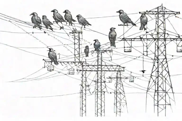 Very Dark Crows On Electricity Pylons