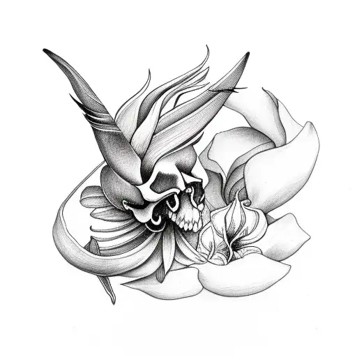 Bird Skull With Bird Of Paradise Flower