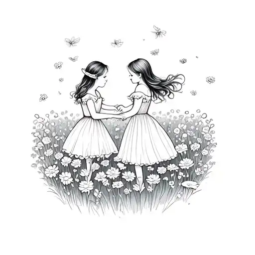 A Whimsical Portrait Of Your Nieces Playing In A Field Of Flowers