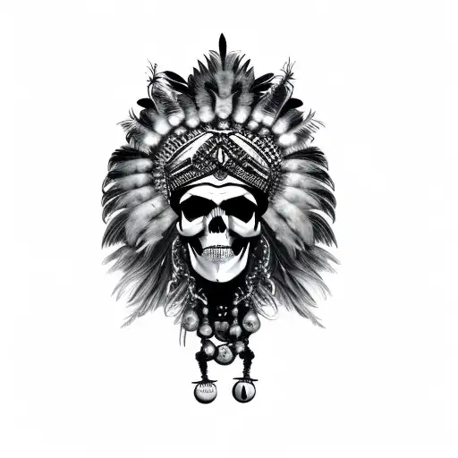 A Skull In A Feathered Headdress With Claw Necklace