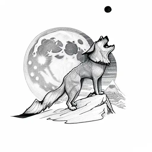 A Dog Howling At A Full Moon Over A Mountain Peak