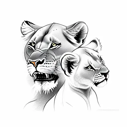 Lioness With Baby Lions Behind Her