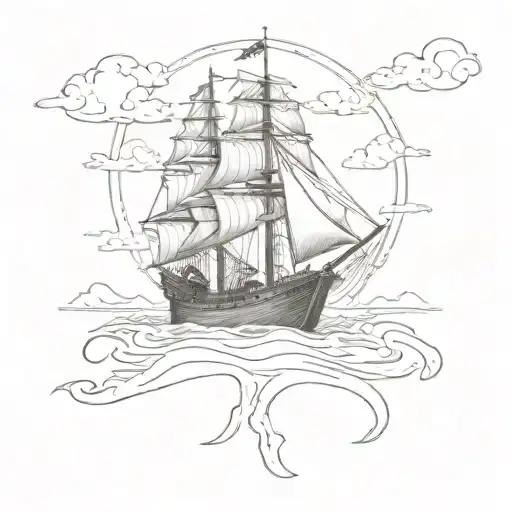 Pirate Ship Sailing Towards The Sun Setting