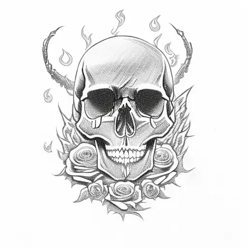 Skull With Flame Eyes And Roses