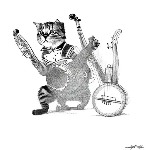 A Cat Playing Banjo With Red Shoes On