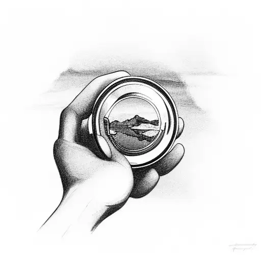 A Driver's Hand Holding A Steering Wheel With A Mountain Landscape Reflected In The Rearview Mirror