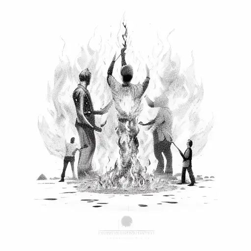 A Man On Fire With People Standing Around Him