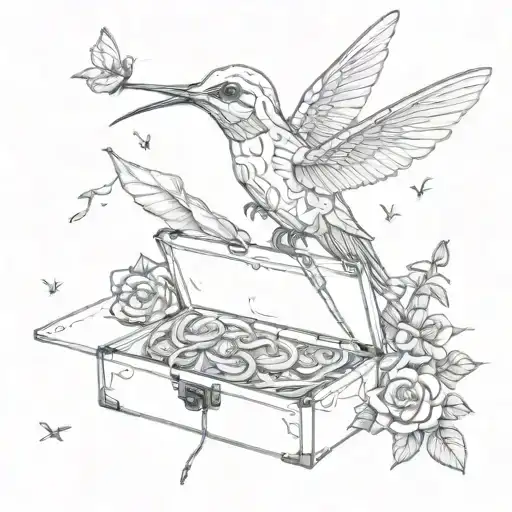 Pizzabox With A Skeleton Arm Coming Out Of It And A Humming Bird