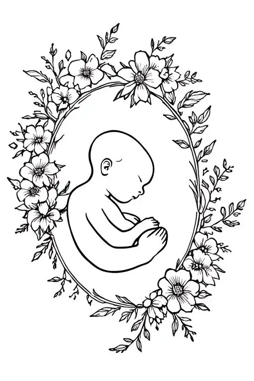 Silhouette Of Breastfeeding Baby Outlined By Flowers And Vines