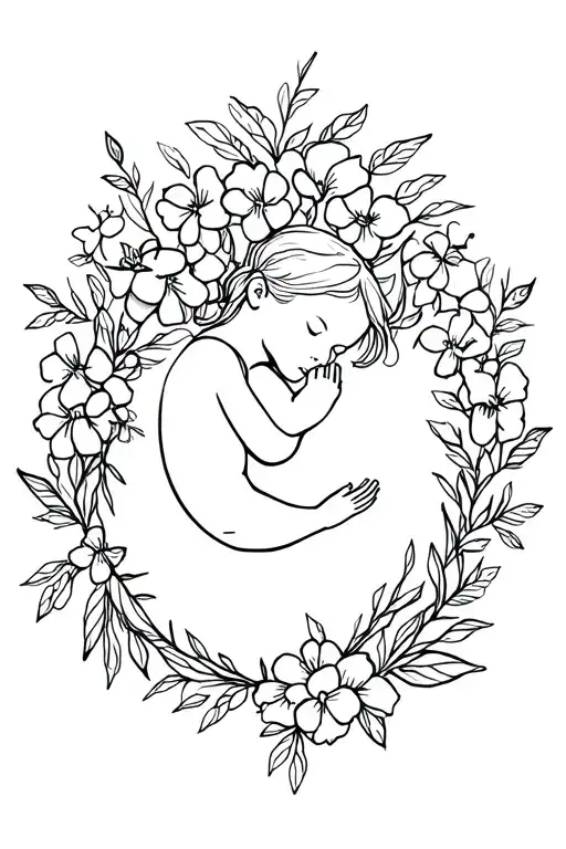 Silhouette Of Breastfeeding Baby Outlined By Flowers And Vines