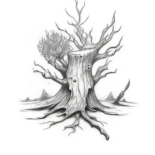 A Tattoo Drawing Of A Sprouting Tree Stump With An Axe Stuck On It