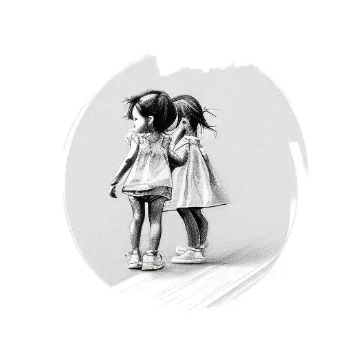 A Sketch-like Portrait Of The Client's Two Little Girls Playing Together