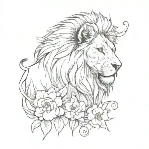Lion Facing Down Tilted With Flowers