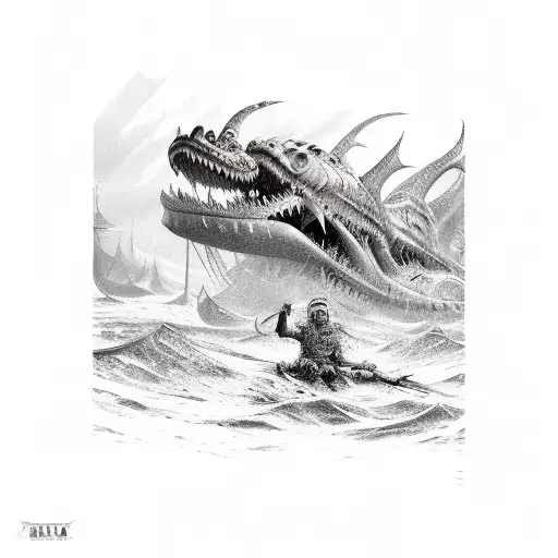 Nordic Fighting Scene With Sea Monster Going Ashore