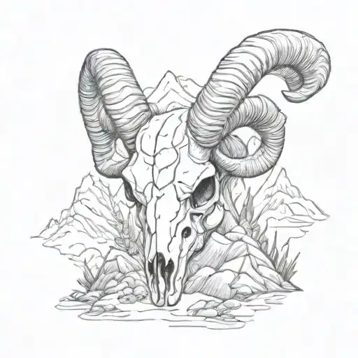 Ram Skull With Mountain Landscape In The Background