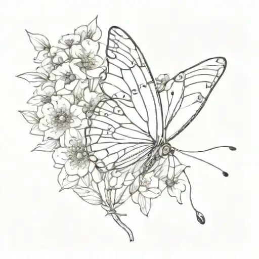 Fine Line Butterfly With Flowers Growing Out Of It