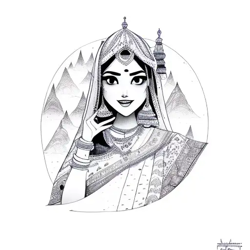 Beautiful Pahadi Girl With Outlining Sketch Mountains