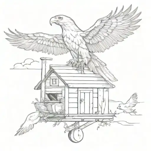 Eagle Flying Above Chicken Coop With 3 Baby Birds Looking Up At It