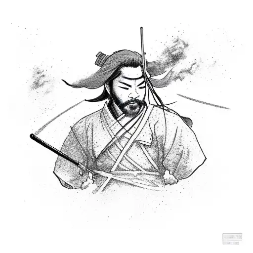 Blind Samurai Standing In Burning Meadow