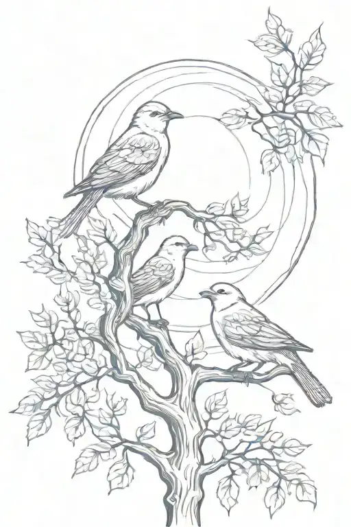 3 Birds In A Tree With Sky And Sun