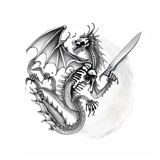 Skeleton Hand Holding A Knife With A Dragon