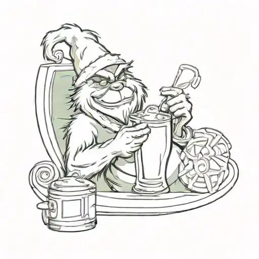 A Sketch Tattoo Of A Sleeping Grinch Holding A Cocktail Glass With A Movie Reel In The Background