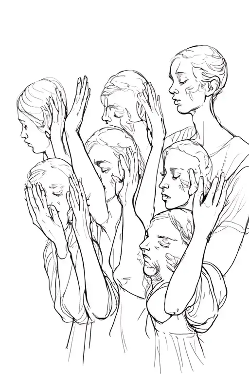 Group Heads Bowed 1 Hand Raised