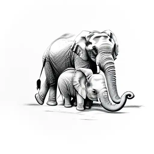 Mum And Baby Elephant With Butterfly Resting On Trump