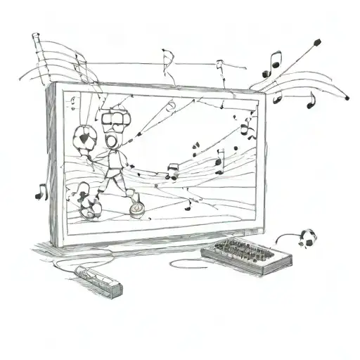 A Sketch Of A Computer Screen Showing A Soccer Match With Musical Notes Coming Out Of The Speakers