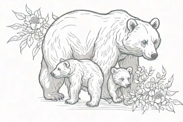 Momma Bear And Baby Bear Walking With Flowers