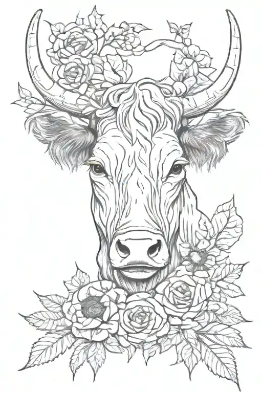 Highland Cow Skull Hand With Roses And Sunflowers With Bob Wire