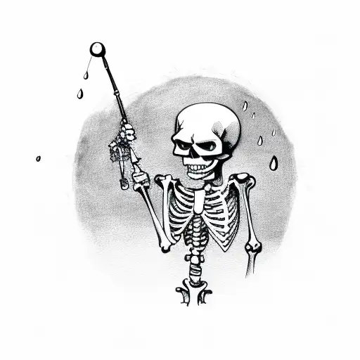 Skeleton With Rain Under The Umbrella With A Gun In His Hand
