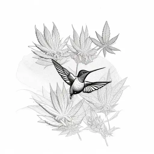A Sketch-style Tattoo Of A Hummingbird Hovering Over A Blooming Marijuana Plant