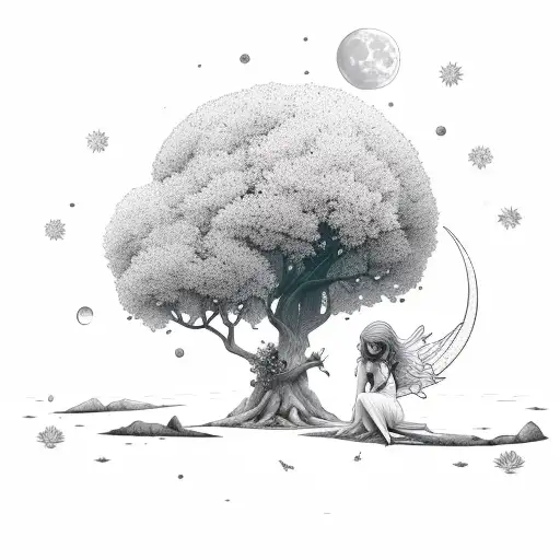 Fine Line Moon Sky Fairy Nature Tree Leaves Starts