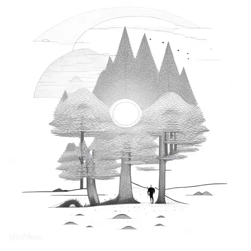 Sunset And Mountain And Trees And A Dog And 2 People And Butterflies