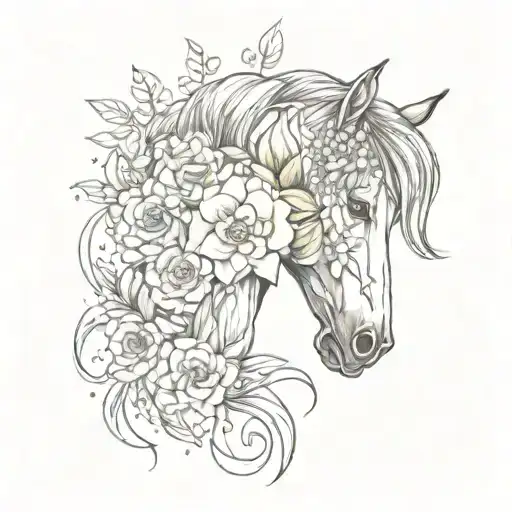 Watercolor Flower Bouquet Horse Skul