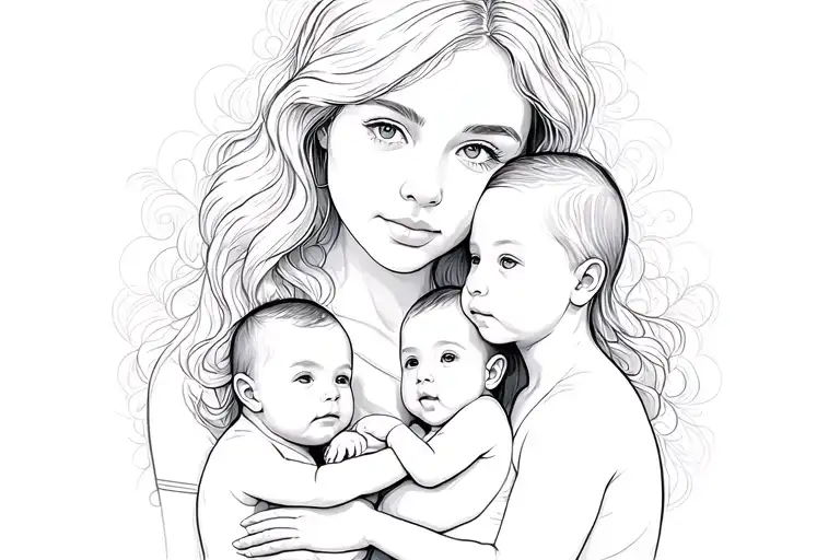 Mother In The Background And 3 Baby's In Front